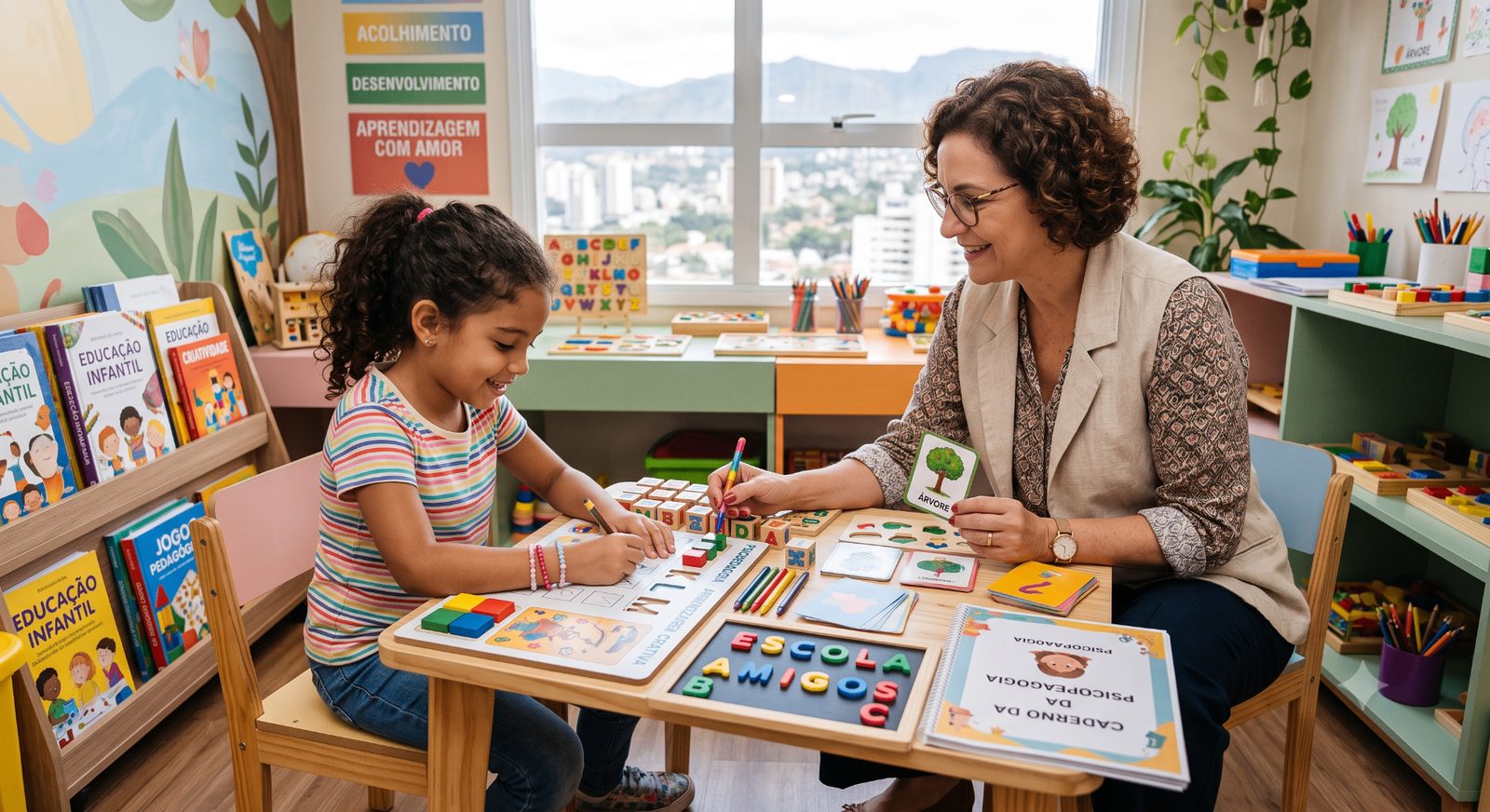 Psicopedagoga e criança em sessão lúdica de aprendizagem