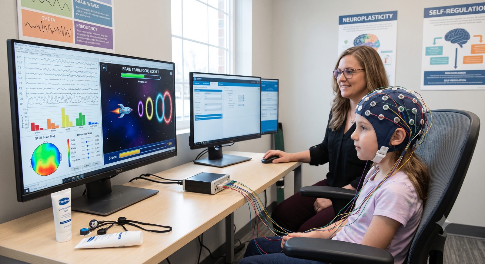 Sessão de neurofeedback com criança usando headset de sensores cerebrais