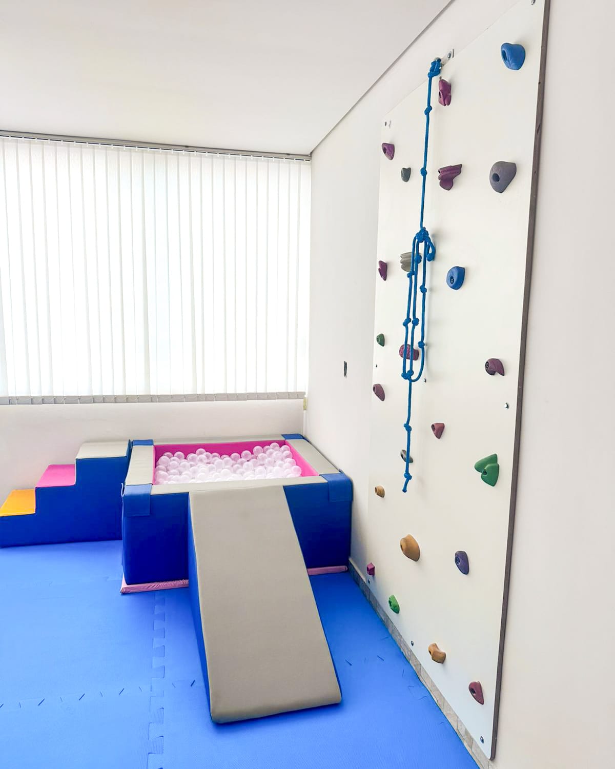 Sala de terapia ocupacional com piscina de bolinhas e escalada