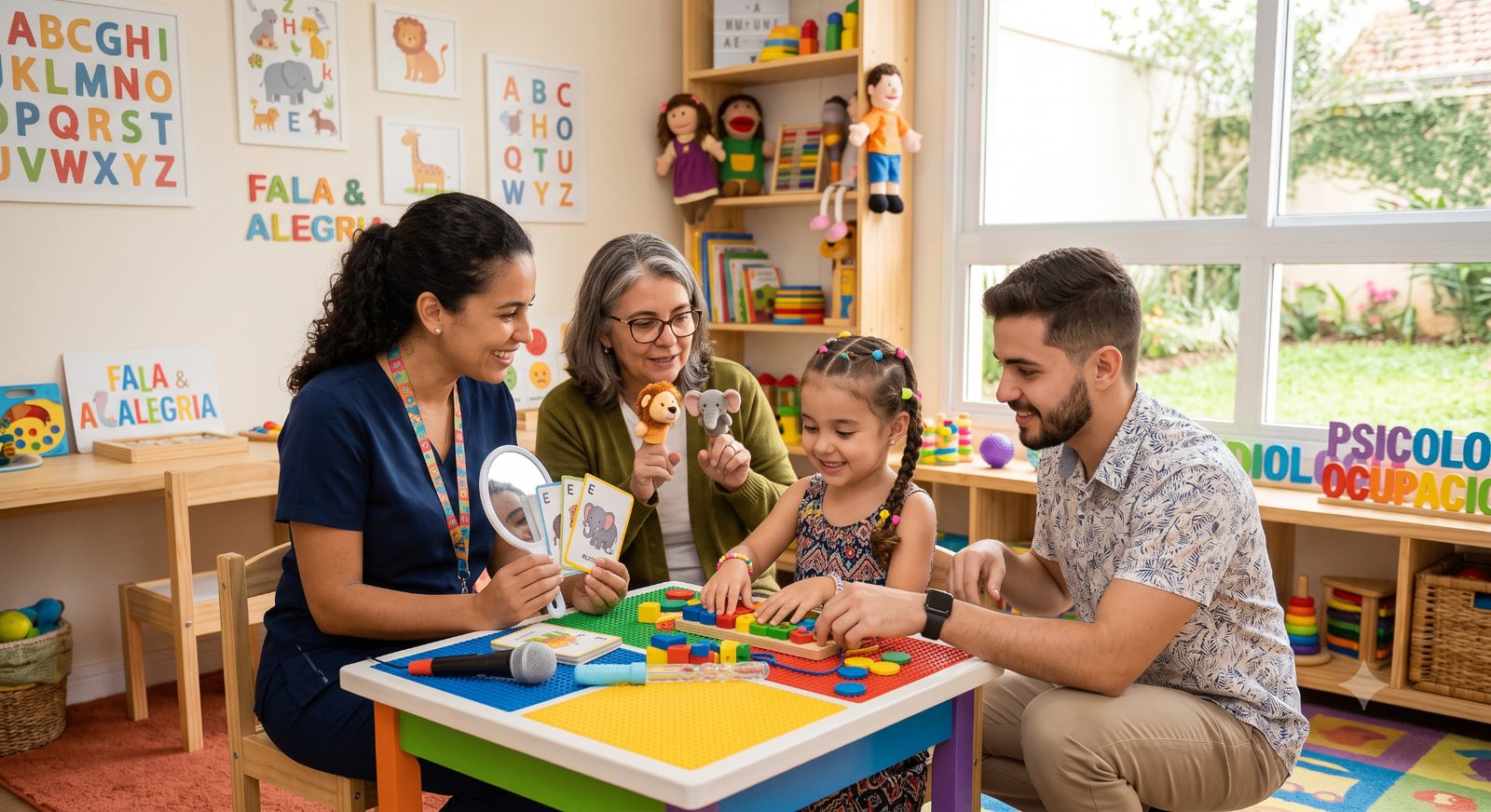 Sessão lúdica de fonoaudiologia com criança e família